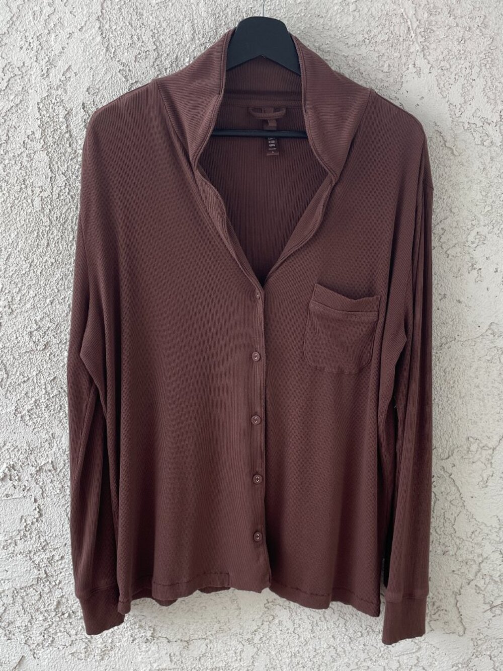 SKIMS Brown Ribbed Button Up Top Long Sleeve Pocket Modal Blend Size Large